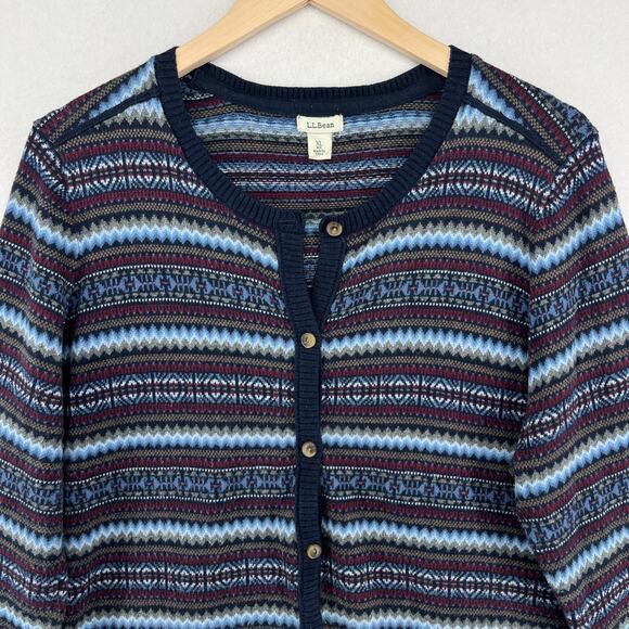 LL BEAN Sweater Womens XL Fair Isle Cardigan Button Up Cotton Cashmere Blue - Picture 2 of 14